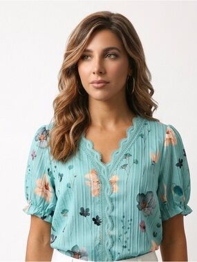 2225 - Floral Lace-Trim Short Sleeve Top - Aqua-Pant not included